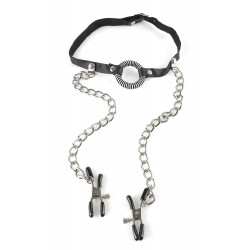 Фетиш аксесоар Ринг за уста с щипки за зърна O-ring Gag with Nipple Clamps