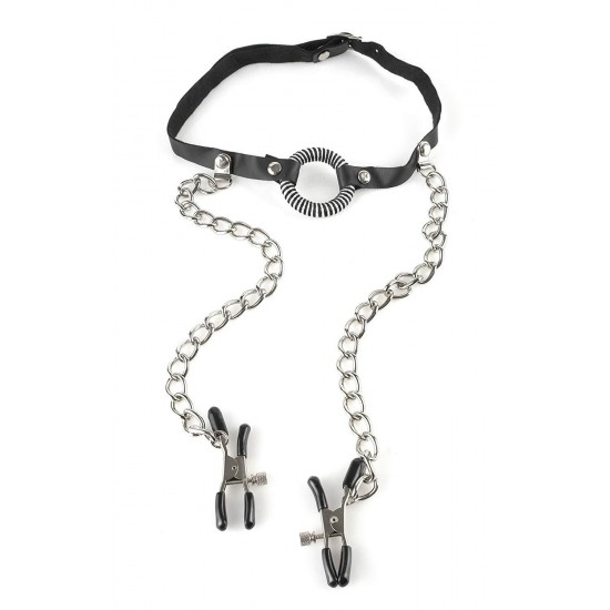 Фетиш аксесоар Ринг за уста с щипки за зърна O-ring Gag with Nipple Clamps
