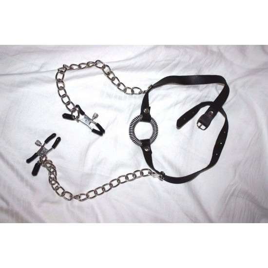 Фетиш аксесоар Ринг за уста с щипки за зърна O-ring Gag with Nipple Clamps